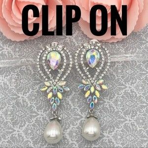 Large AB Iridescent Pearl Rhinestone Clip On Long Earrings